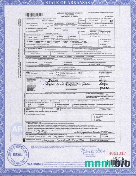 USA state Arkansas śmierć certyfikat szablon w formacie PSD